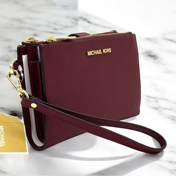 Michael Kors Large Jet Set Travel Double Zip Wallet Dark Cherry - Picture 4 of 9